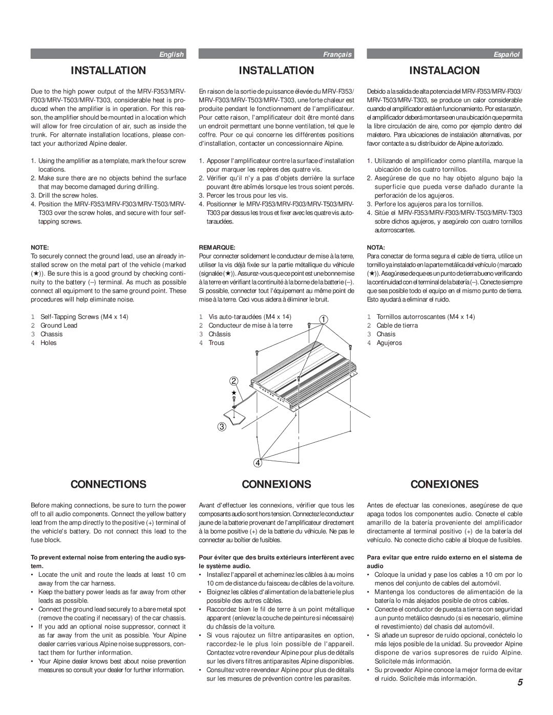 Alpine MRV-F303, MRV-T303, MRV-F353 Connections Connexions, To prevent external noise from entering the audio sys- tem 