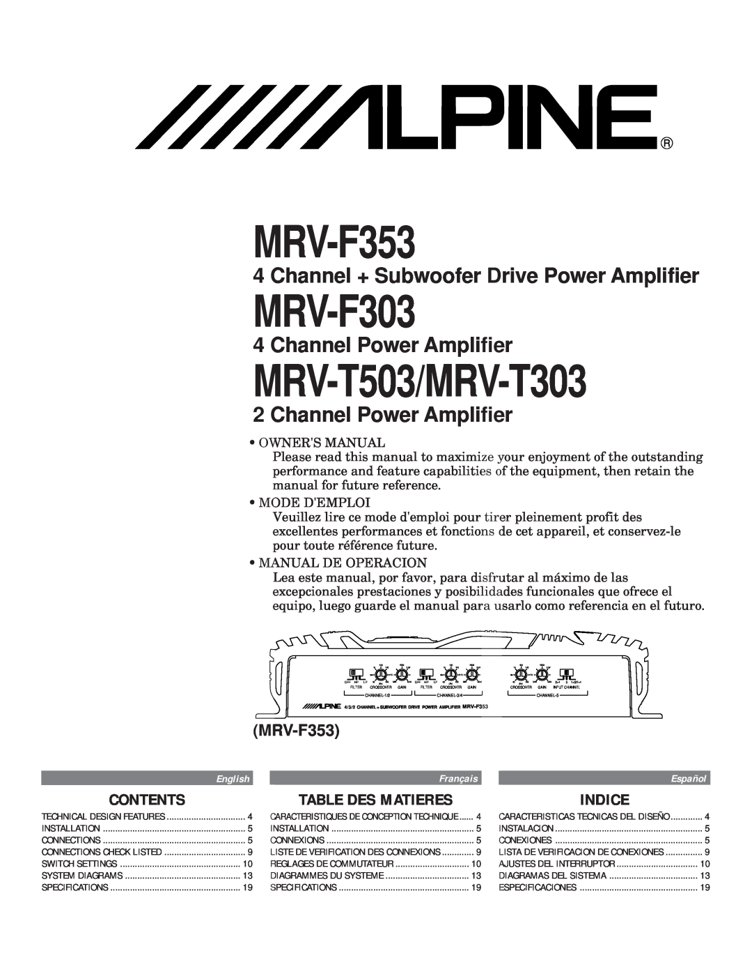 Alpine MRV-F353 owner manual Contents, Indice, Table Des Matieres, MRV-F303, MRV-T503/MRV-T303, Channel Power Amplifier 