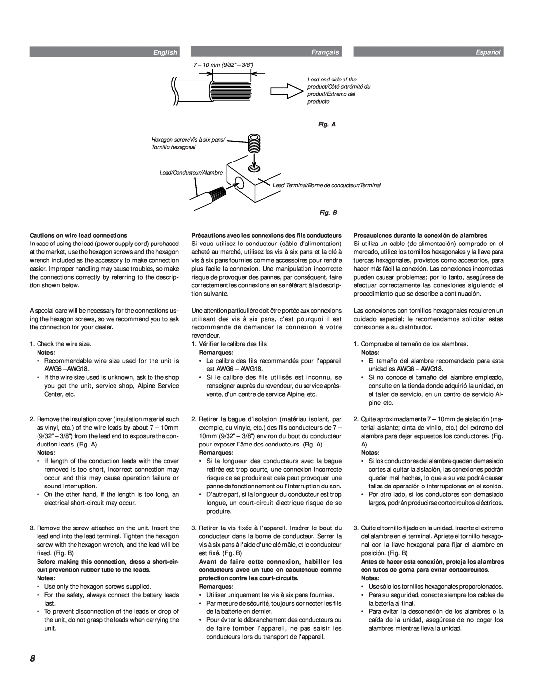 Alpine MRV-F303, MRV-T303, MRV-F353 owner manual Fig. A, Cautions on wire lead connections, Fig. B 