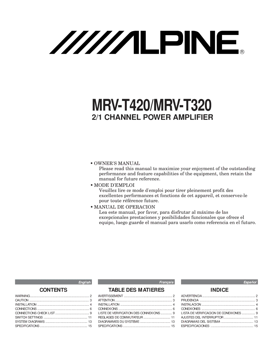 Alpine MRV-T420, MRV-T320 owner manual Contents, Indice 