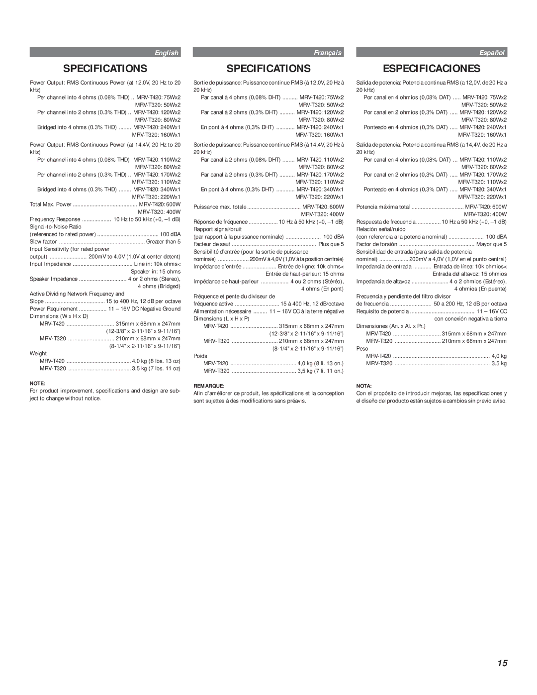 Alpine MRV-T420, MRV-T320 owner manual Specifications, Especificaciones 