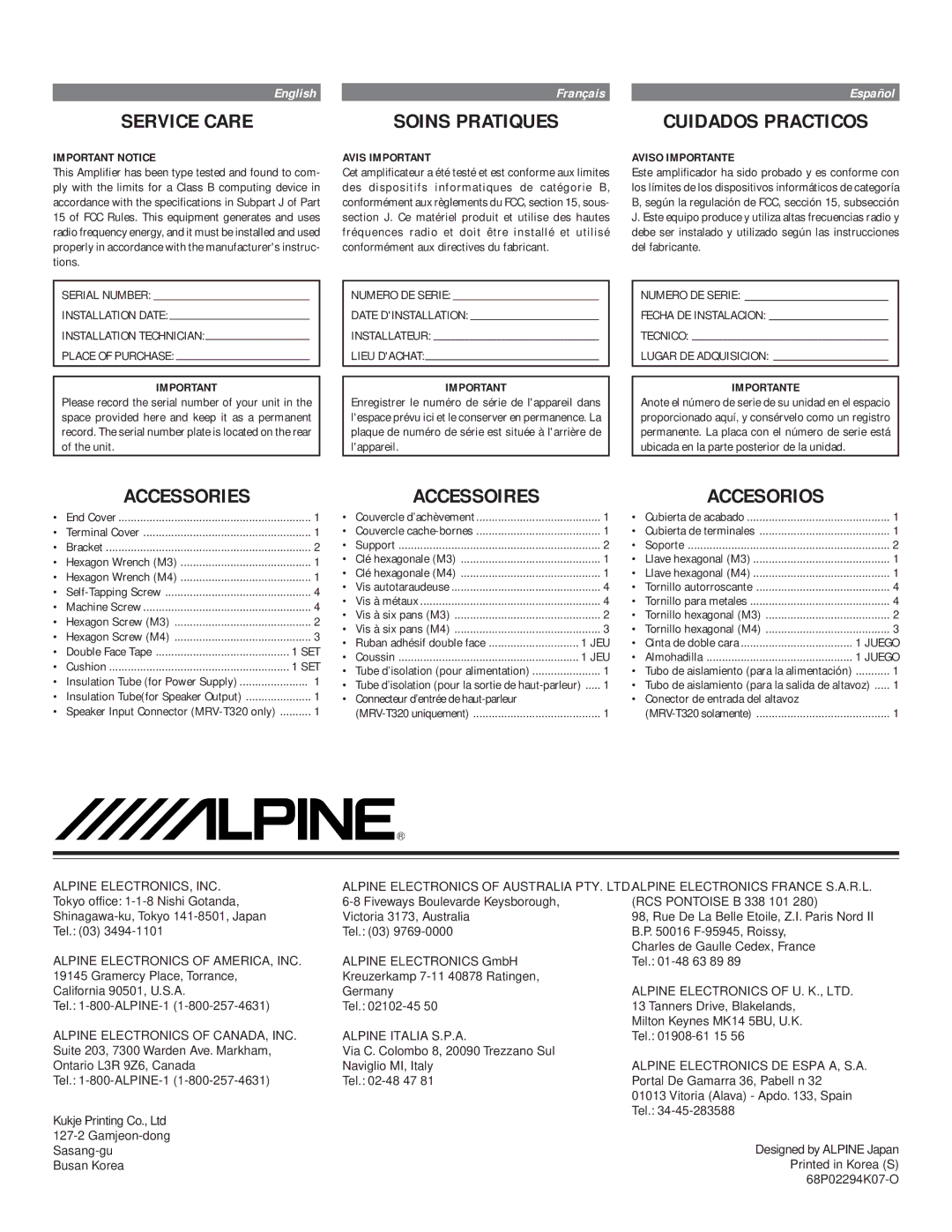 Alpine MRV-T320, MRV-T420 owner manual Service Care, Soins Pratiques, Cuidados Practicos, Accessories Accessoires 