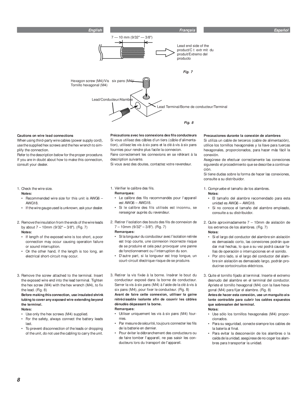 Alpine MRV-T320, MRV-T420 Vérifier le calibre des fils, Remarques, Precauciones durante la conexión de alambres, Notas 