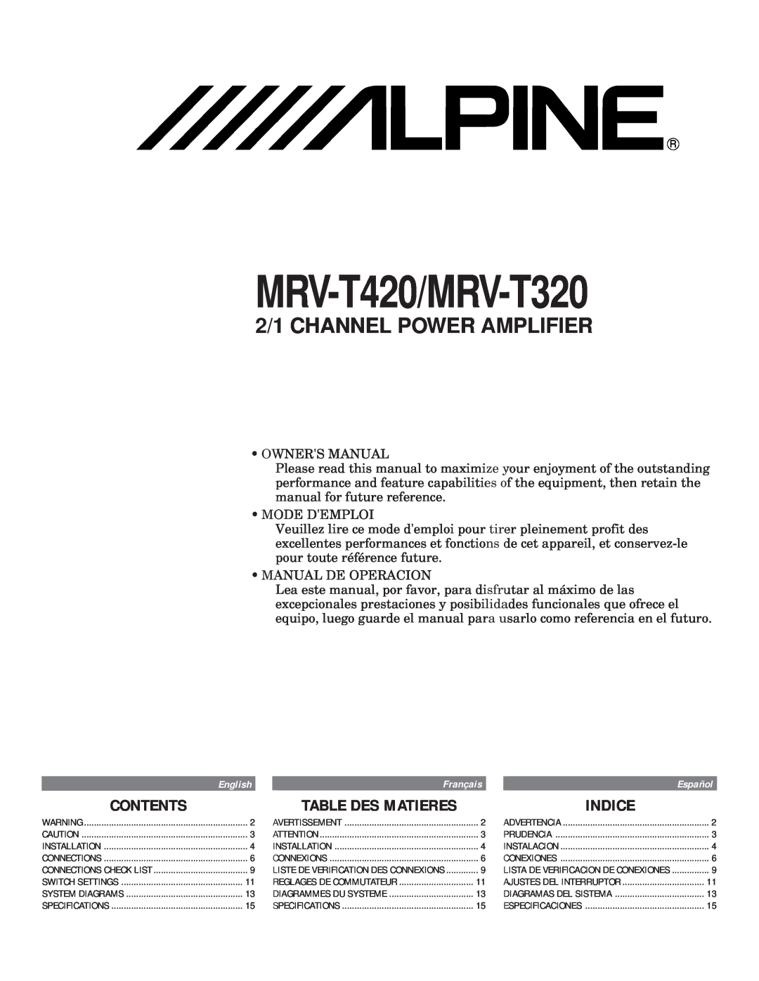 Alpine owner manual Contents, Indice, Table Des Matieres, MRV-T420/MRV-T320, 2/1 CHANNEL POWER AMPLIFIER 