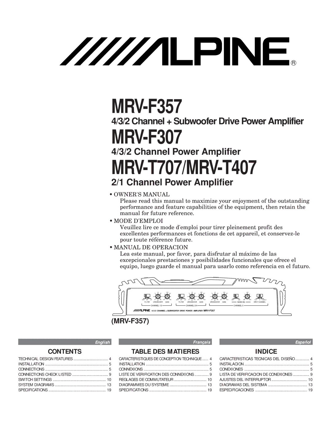 Alpine MRV-F357, mrv-t707, MRV-T407, MRV-F307 owner manual Contents, Indice 