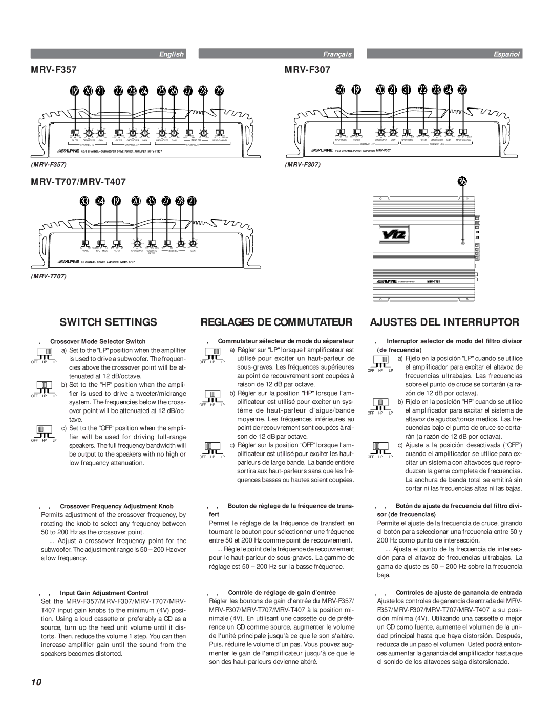 Alpine MRV-T407 Switch Settings, Reglages DE Commutateur, Crossover Mode Selector Switch, Ê Input Gain Adjustment Control 