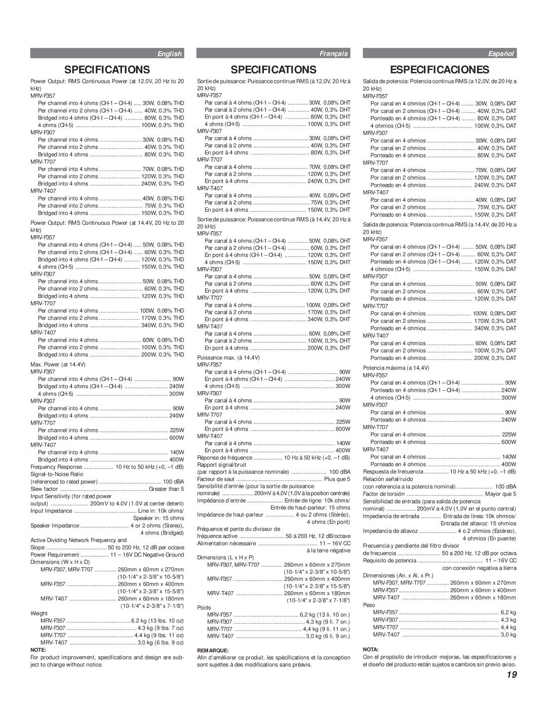 Alpine MRV-F307, mrv-t707, MRV-F357, MRV-T407 owner manual Specifications, Especificaciones 