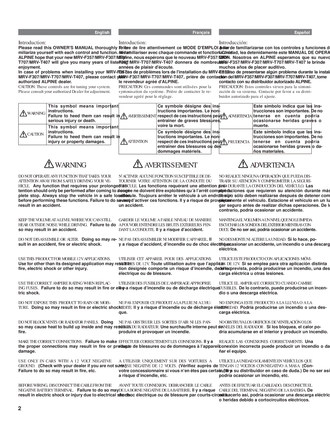 Alpine MRV-T407, mrv-t707, MRV-F357, MRV-F307 owner manual Avertissement, Advertencia, Introduction, Introducción 