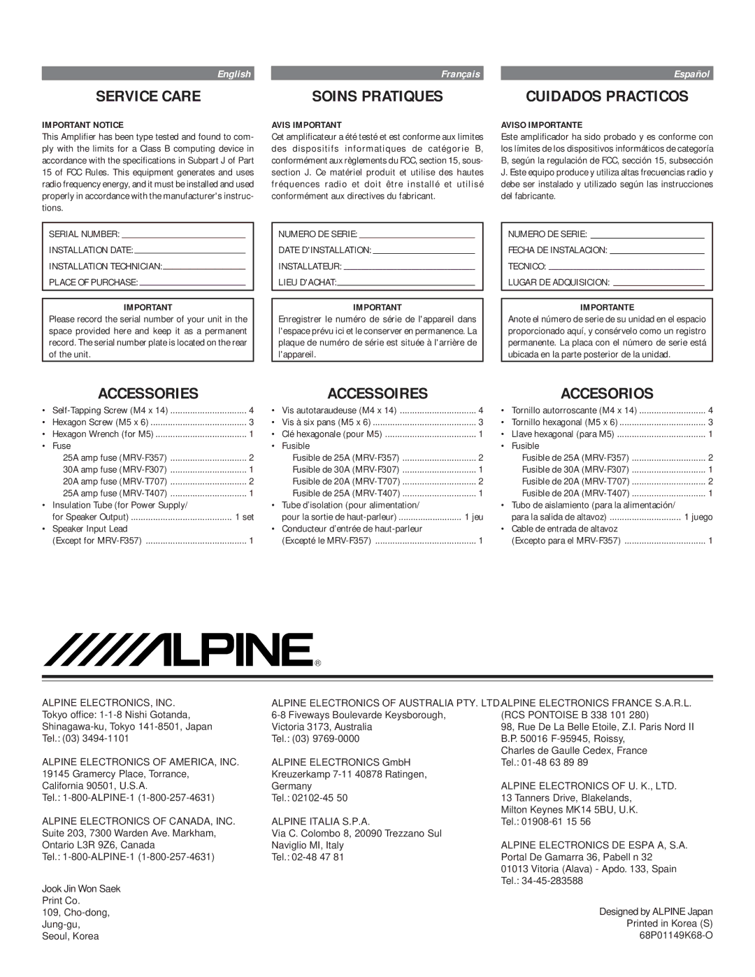 Alpine mrv-t707, MRV-F357, MRV-T407 Service Care, Soins Pratiques, Cuidados Practicos, Accessories Accessoires Accesorios 