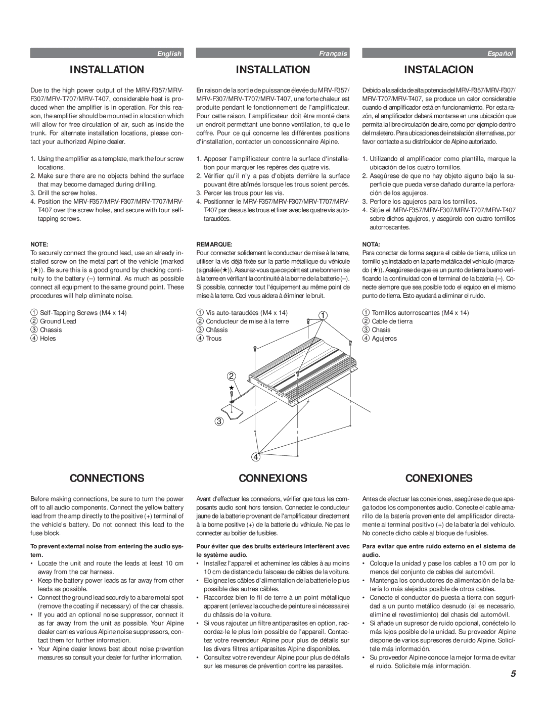 Alpine MRV-F357, mrv-t707, MRV-T407 Connections Connexions, To prevent external noise from entering the audio sys- tem 