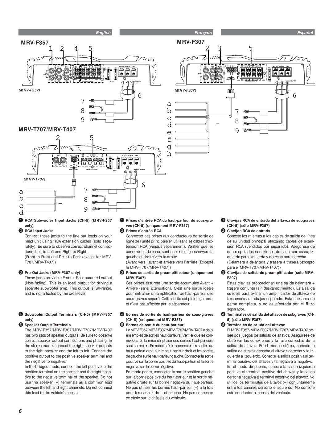 Alpine MRV-T407 Pre-Out Jacks MRV-F307 only, Prises dentrée RCA, Prises de sortie de préamplificateur uniquement MRV-F307 