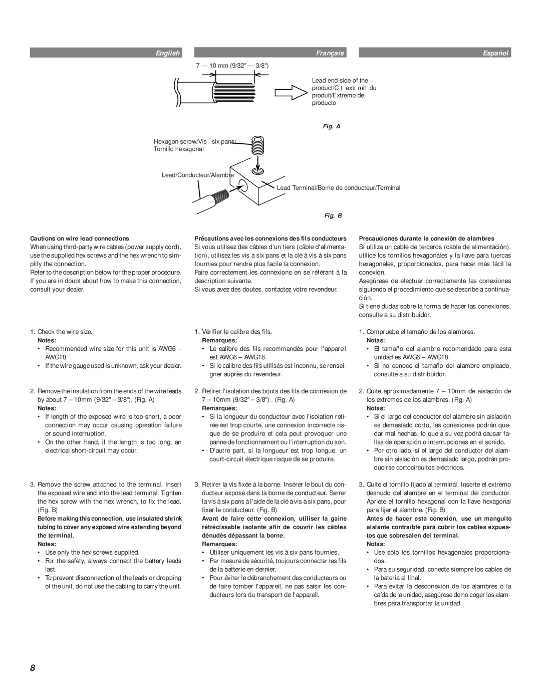 Alpine mrv-t707, MRV-F357 Vérifier le calibre des fils, Remarques, Precauciones durante la conexión de alambres, Notas 