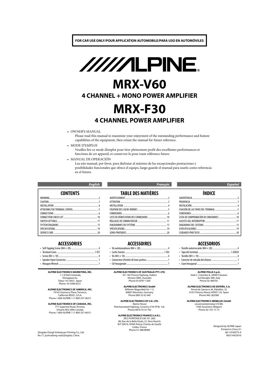 Alpine MRX-V60, MRX-F30 owner manual Contents, Índice, Designed by Alpine Japan, 68-13530Z75-A 