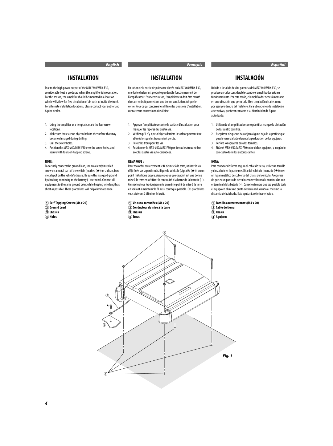 Alpine MRX-F30, MRX-V60 owner manual Installation, ASelf-Tapping Screws M4 x BGround Lead Chassis Holes, Remarque, Nota 