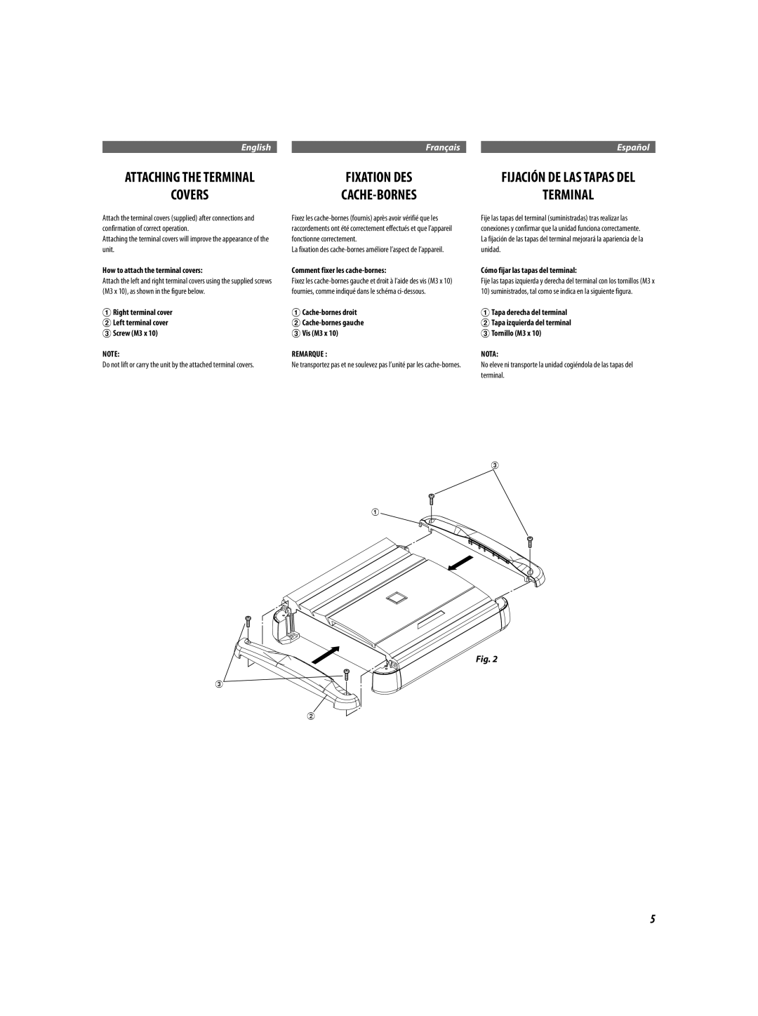 Alpine MRX-V60, MRX-F30 How to attach the terminal covers, ARight terminal cover BLeft terminal cover CScrew M3 x 