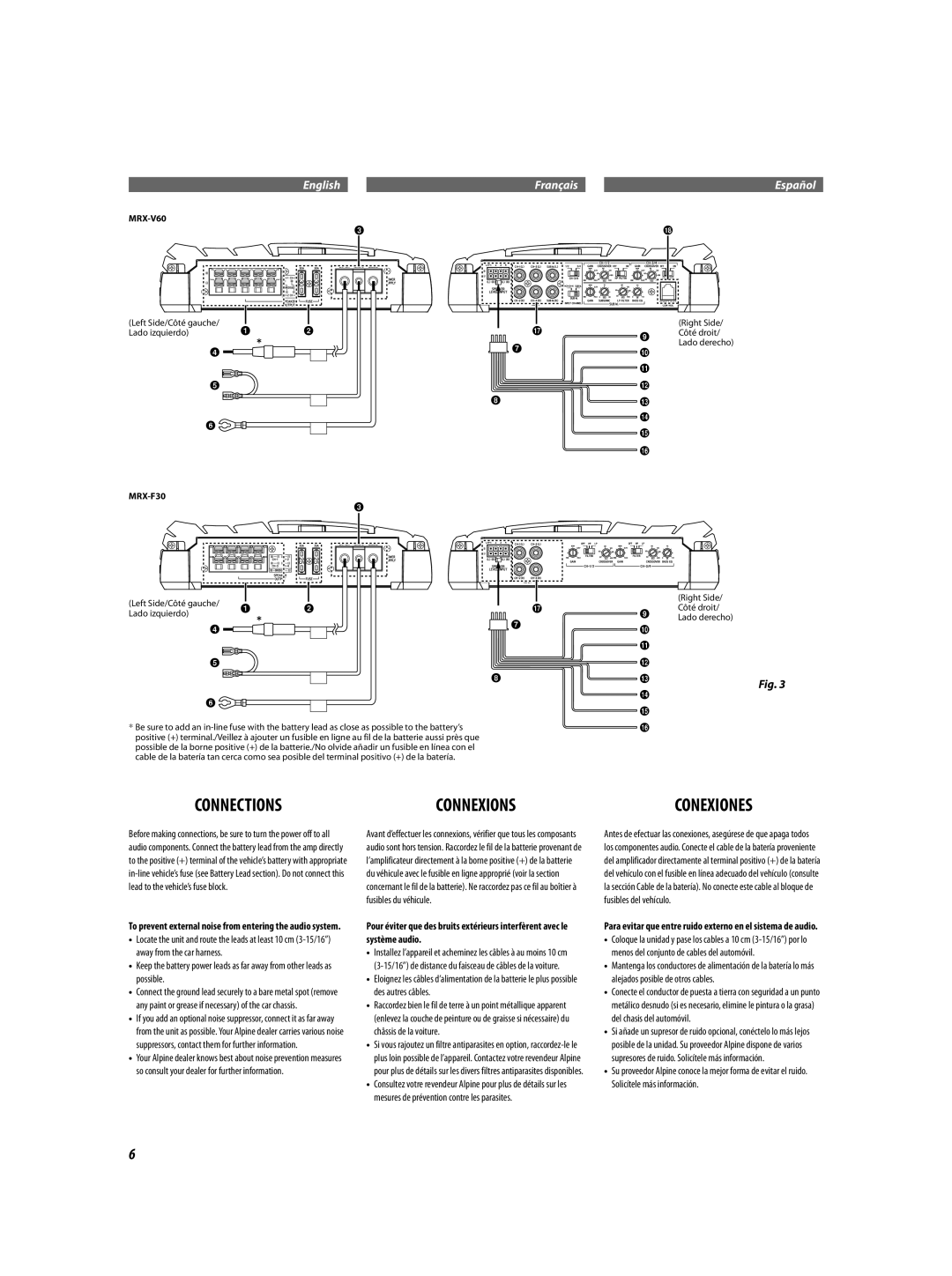 Alpine MRX-F30, MRX-V60 Connections Connexions, Left Side/Côté gauche Right Side Lado izquierdo Côté droit, Lado derecho 