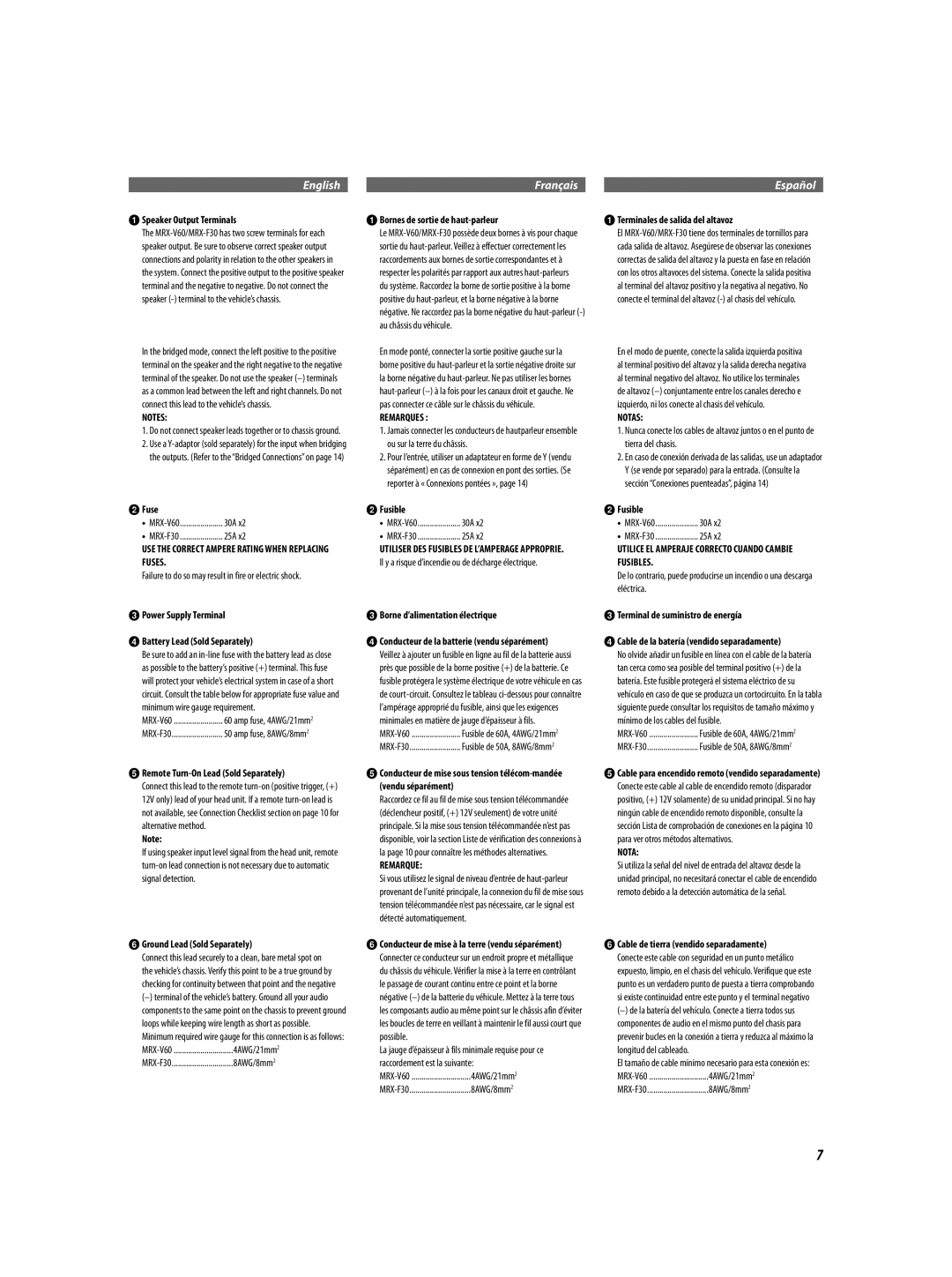 Alpine MRX-V60, MRX-F30 owner manual USE the Correct Ampere Rating When Replacing Fuses, Remarques, Notas 