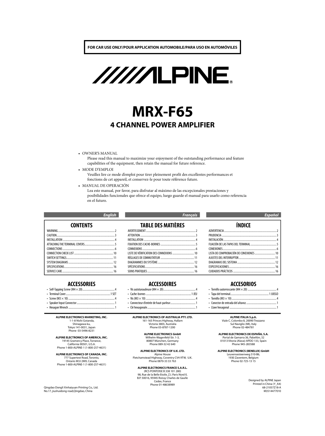 Alpine MRX-F65 68-21057Z18-A owner manual Contents, Índice, Accessories Accessoires Accesorios 