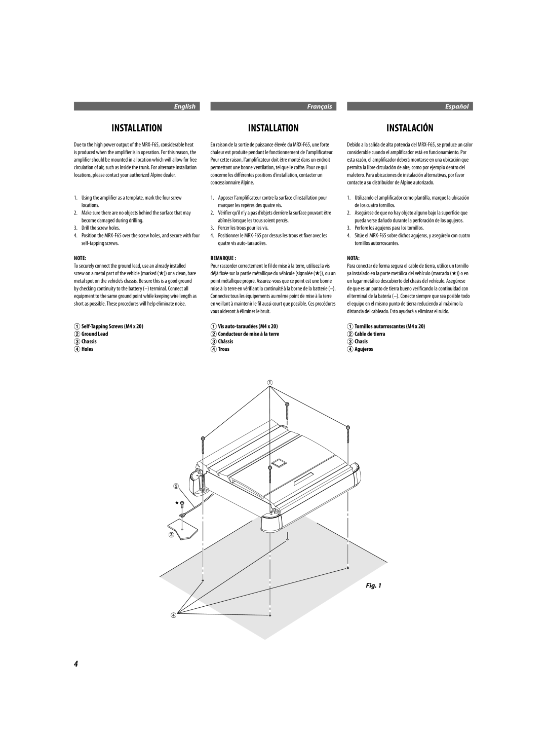Alpine MRX-F65 68-21057Z18-A Installation, Instalación, ASelf-Tapping Screws M4 x BGround Lead Chassis Holes, Remarque 