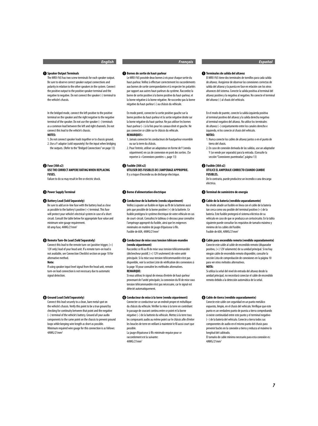 Alpine MRX-F65 68-21057Z18-A owner manual USE the Correct Ampere Rating When Replacing Fuses, Remarques, Notas 