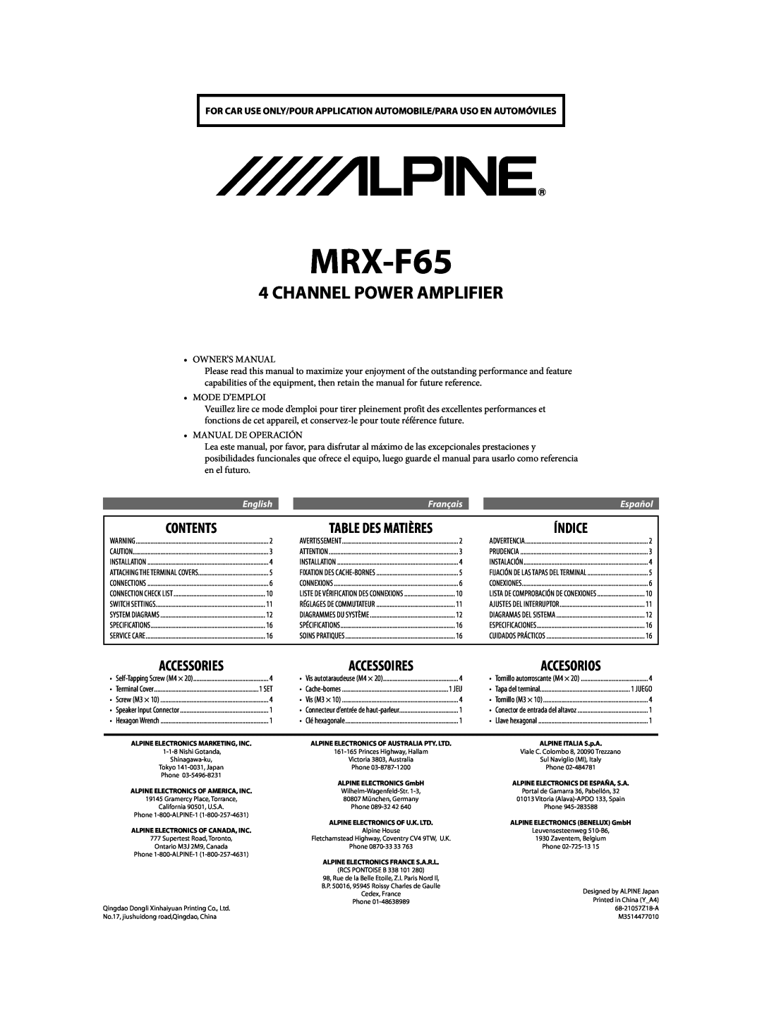 Alpine MRX-F65 68-21057Z18-A owner manual Contents, Índice, Table Des Matières, Channel Power Amplifier, Mode D’Emploi 