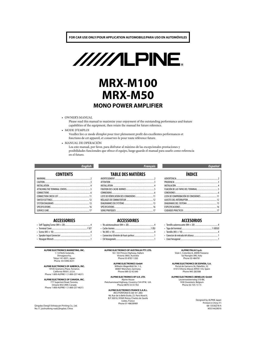 Alpine MRX-M100, MRX-M50 owner manual Contents, Índice, Designed by Alpine Japan, 68-13530Z78-A 