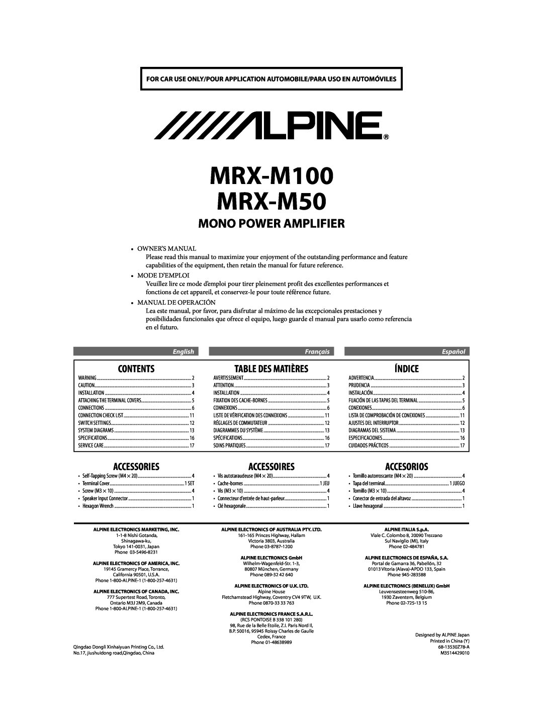 Alpine MRX-M100 owner manual Contents, Índice, Table Des Matières, EnglishFrançaisEspañol, Accessories, Accessoires 