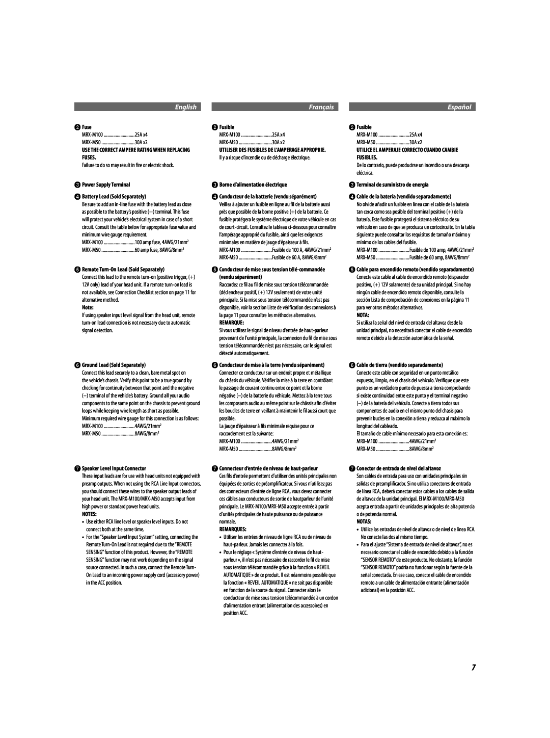 Alpine MRX-M100, MRX-M50 owner manual English, Français, Español, dConducteur de la batterie vendu séparément 