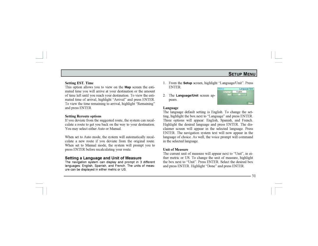 Alpine Navigation Radio manual Setting a Language and Unit of Measure, Setting EST. Time, Setting Reroute options 