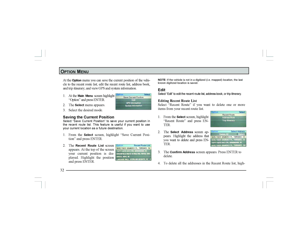 Alpine Navigation Radio manual Option Menu, Saving the Current Position, Editing Recent Route List 