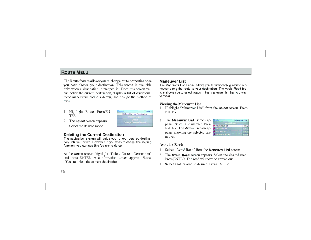 Alpine Navigation Radio manual Route Menu, Deleting the Current Destination, Viewing the Maneuver List, Avoiding Roads 