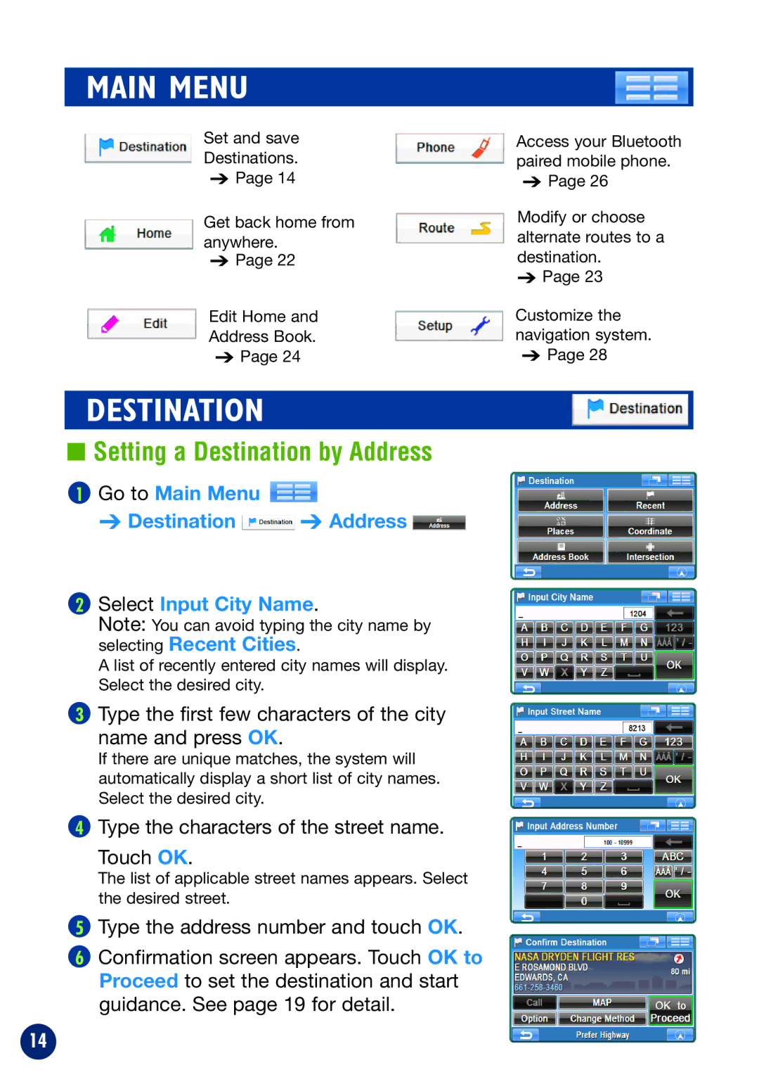 Alpine NVE-P1 owner manual Main Menu, Setting a Destination by Address 