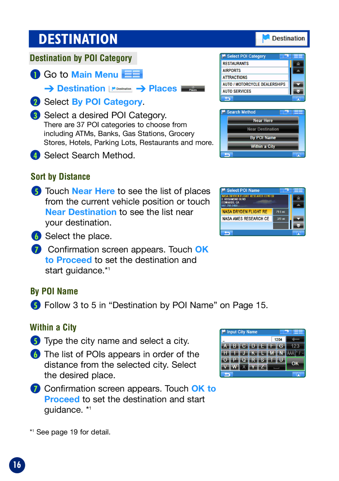 Alpine NVE-P1 Destination by POI Category, Go to Main Menu Destination Places Select By POI Category, Sort by Distance 