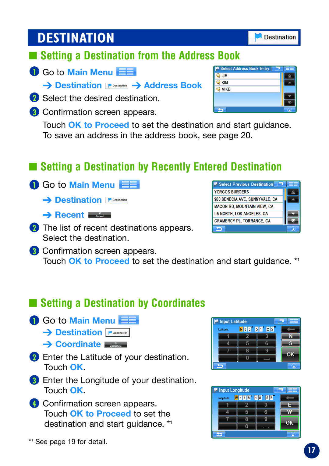 Alpine NVE-P1 owner manual Setting a Destination from the Address Book, Setting a Destination by Coordinates 