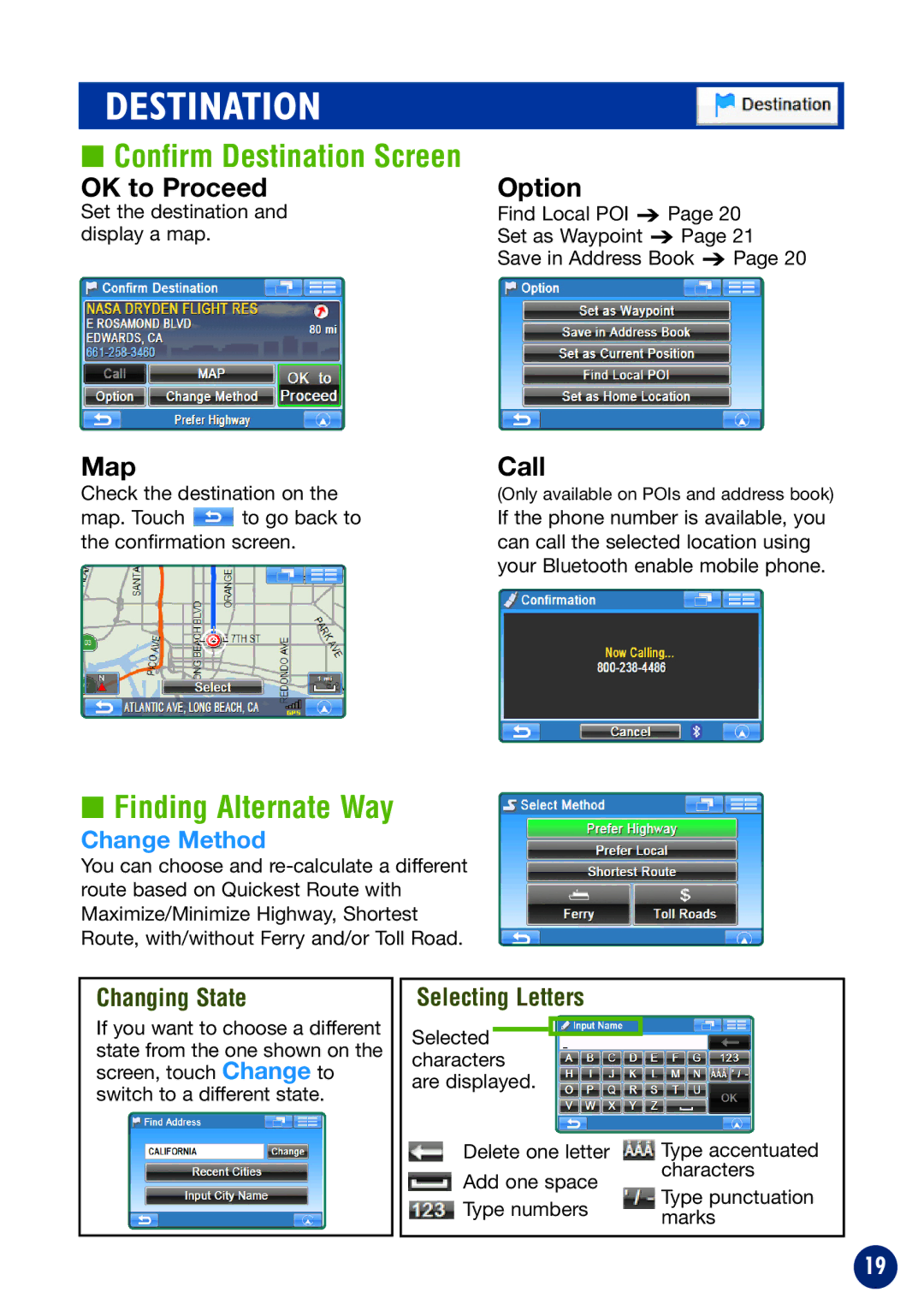 Alpine NVE-P1 Confirm Destination Screen, Finding Alternate Way, Change Method, Changing State, Selecting Letters 