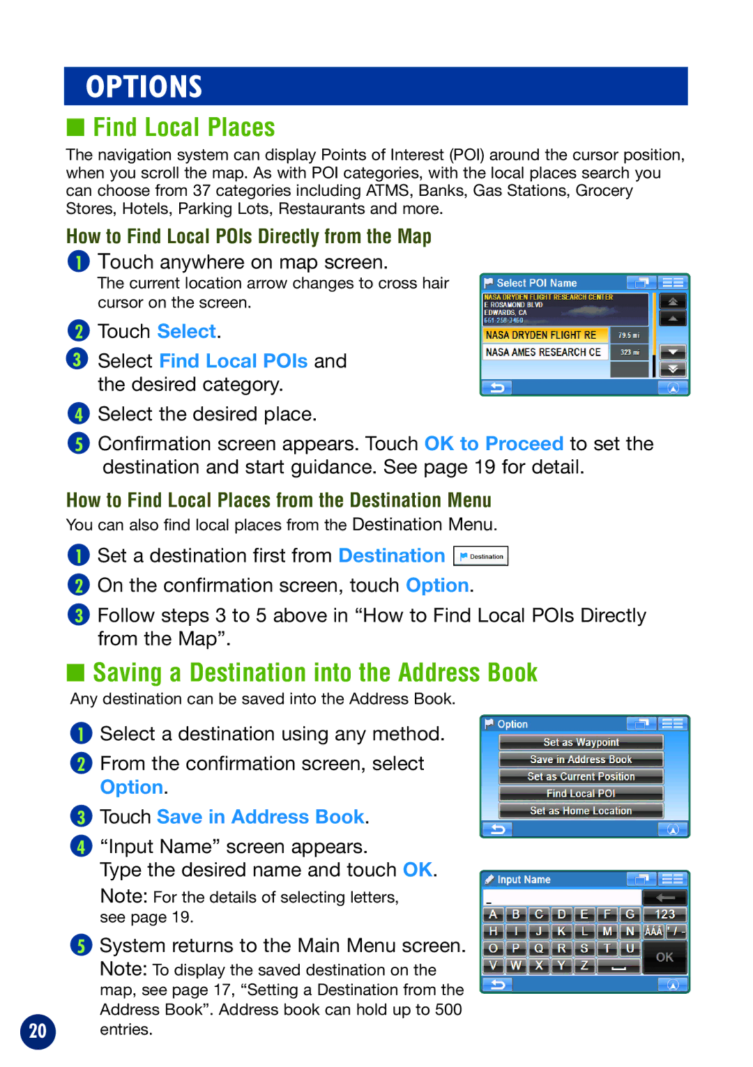 Alpine NVE-P1 Options, Find Local Places, Saving a Destination into the Address Book, Touch Save in Address Book 