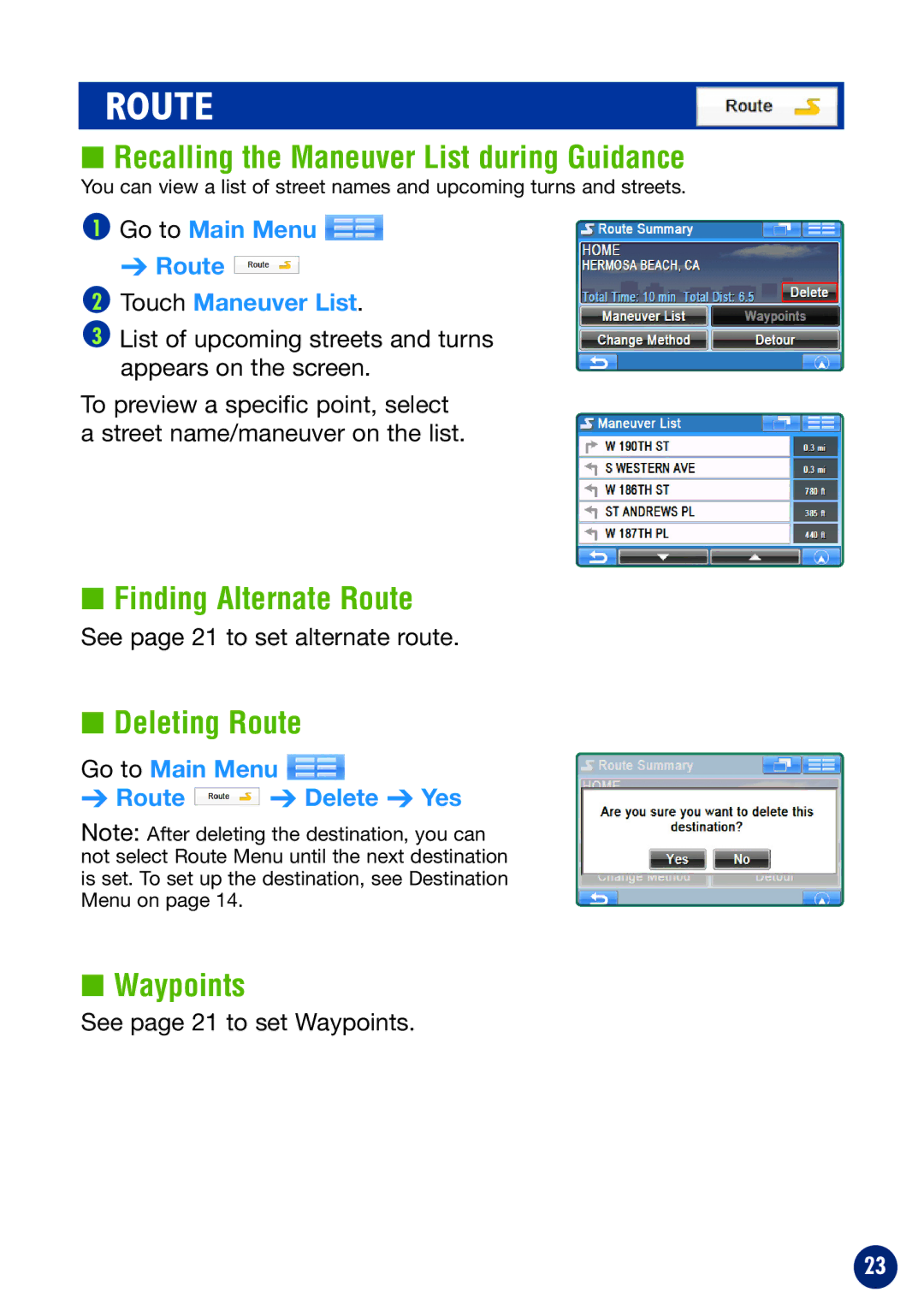 Alpine NVE-P1 Recalling the Maneuver List during Guidance, Finding Alternate Route, Deleting Route, Waypoints 