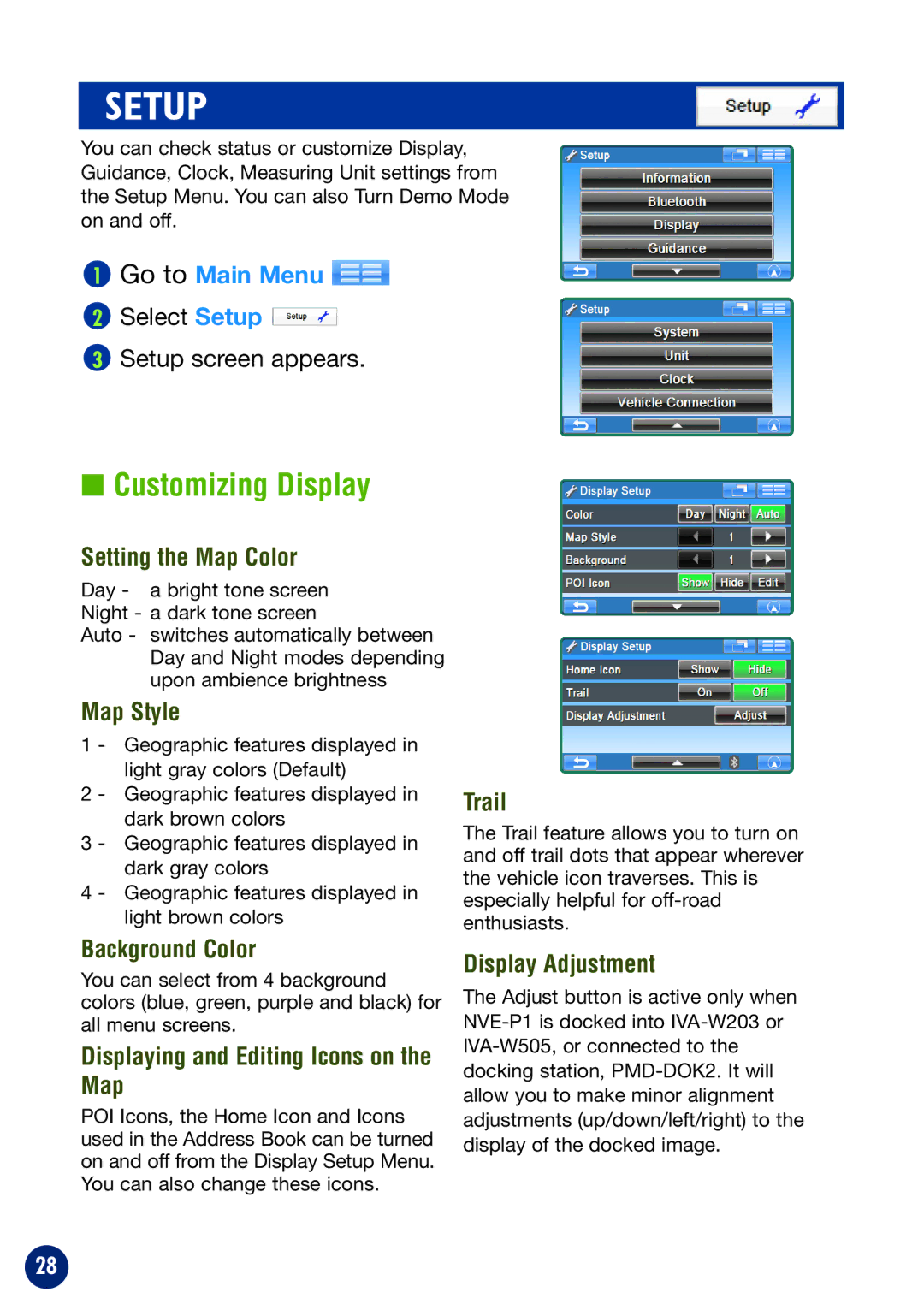 Alpine NVE-P1 owner manual Setup, Customizing Display, Go to Main Menu 