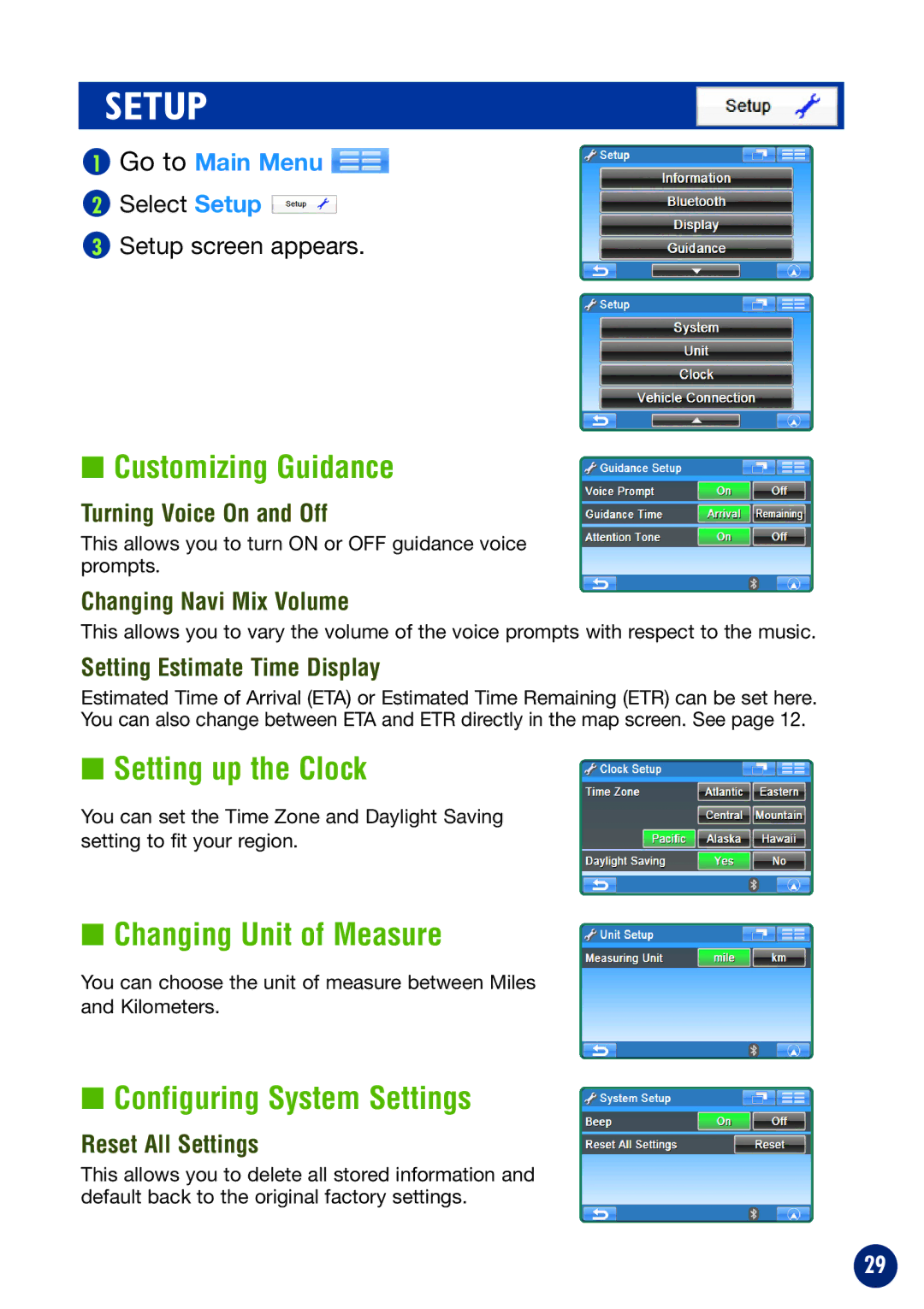 Alpine NVE-P1 Customizing Guidance, Setting up the Clock, Changing Unit of Measure, Configuring System Settings 