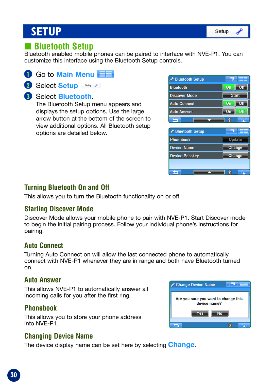 Alpine NVE-P1 owner manual Bluetooth Setup, Select Bluetooth 