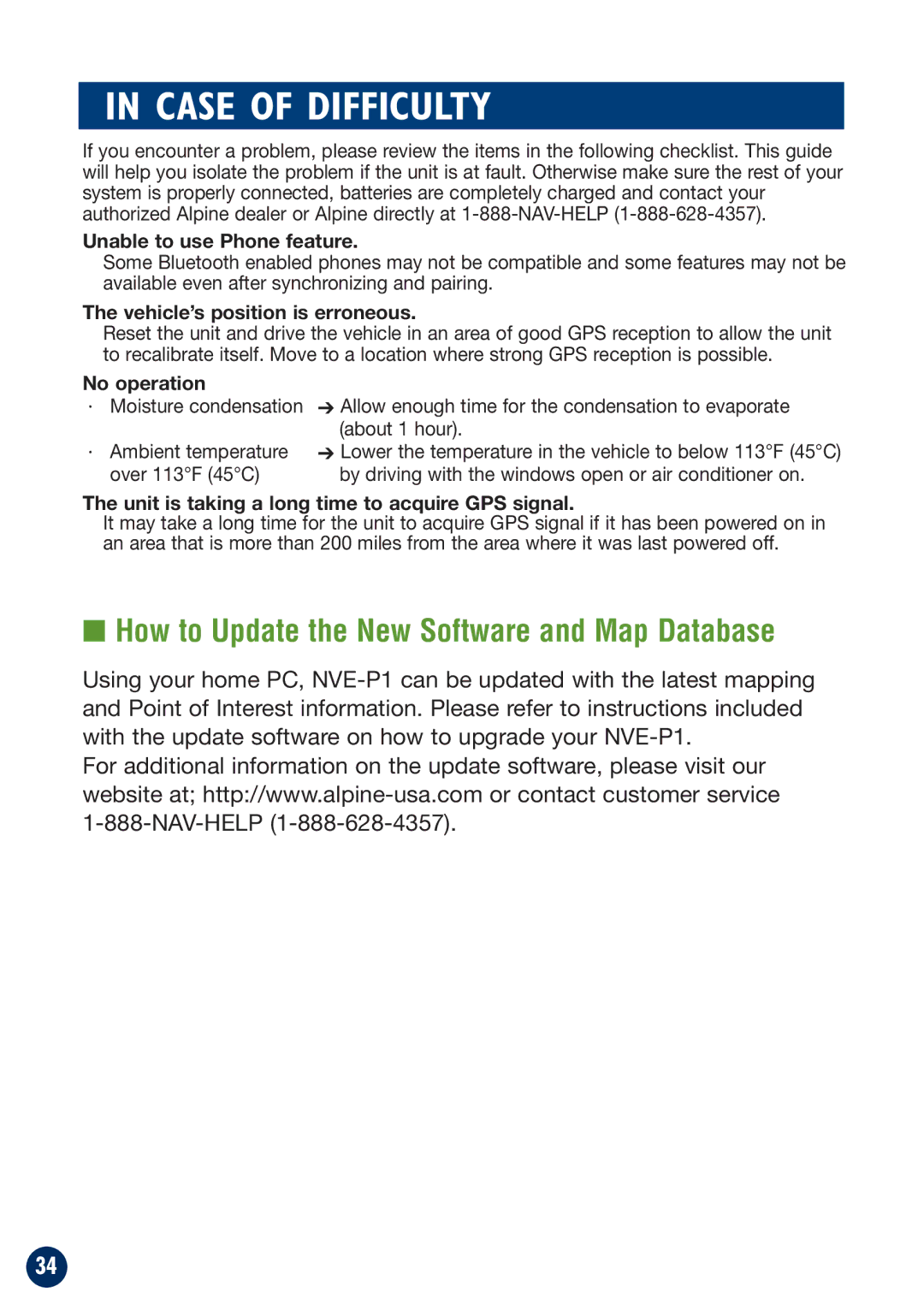 Alpine NVE-P1 owner manual Case of Difficulty, How to Update the New Software and Map Database 