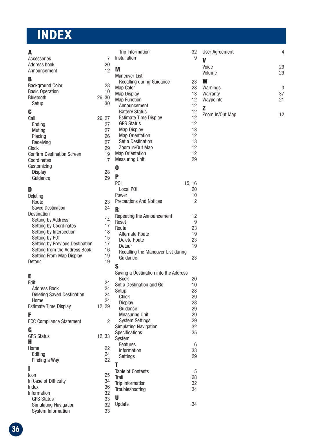 Alpine NVE-P1 owner manual Index, 29 P 