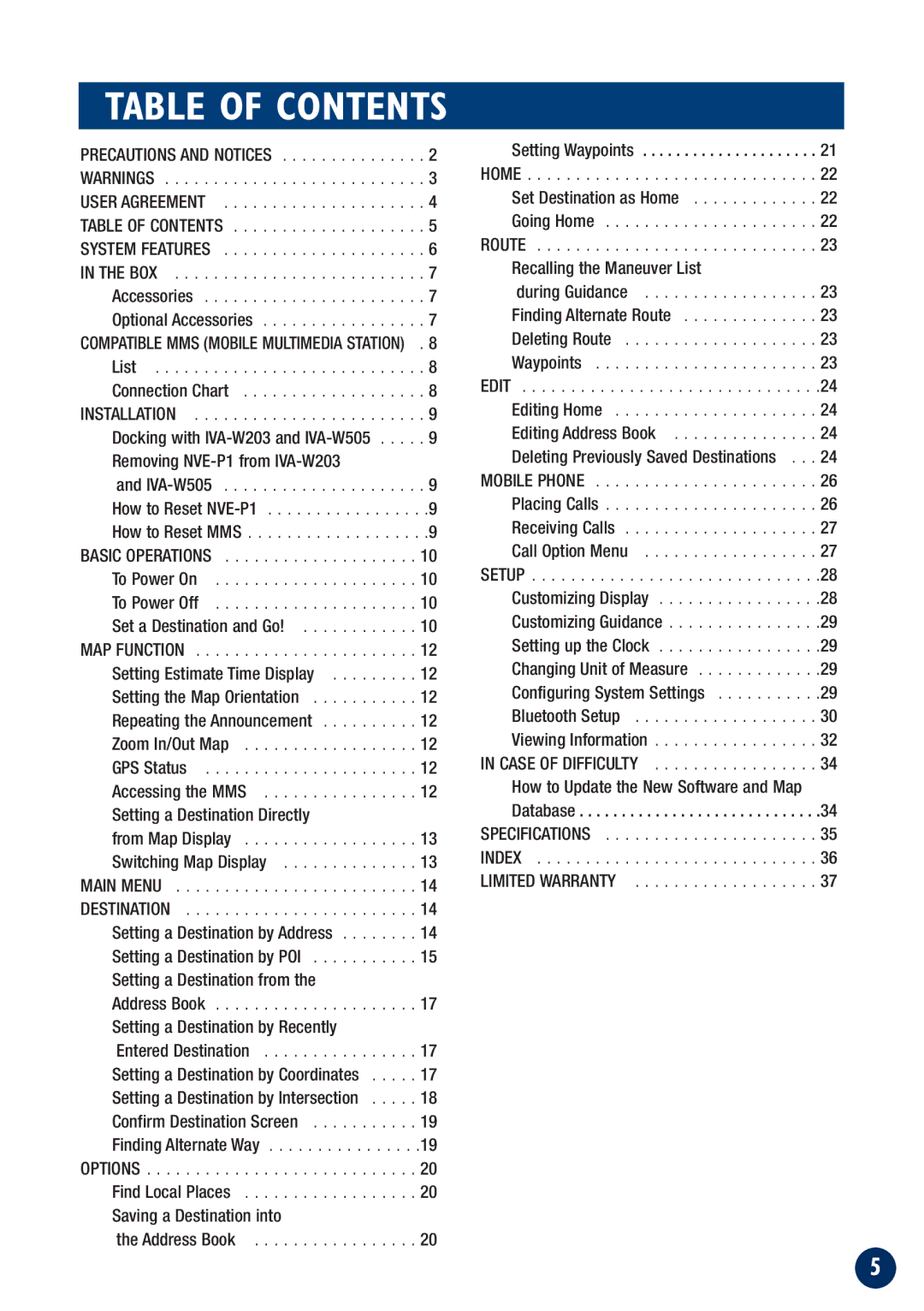 Alpine NVE-P1 owner manual Table of Contents 