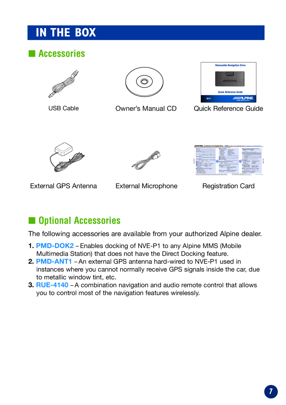 Alpine NVE-P1 owner manual Box, Optional Accessories 