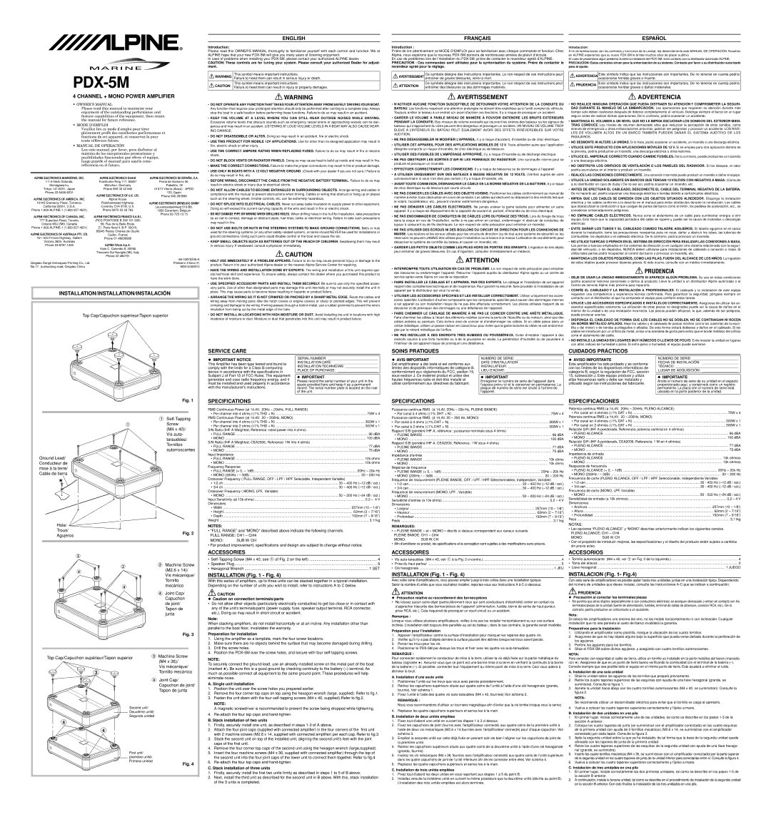 Alpine PDX-5M specifications English, Français Español, Channel + Mono Power Amplifier, Service Care, Specifications 