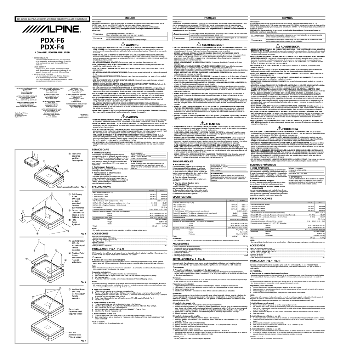 Alpine specifications PDX-F6 PDX-F4, Avertissement, Advertencia, Prudencia 