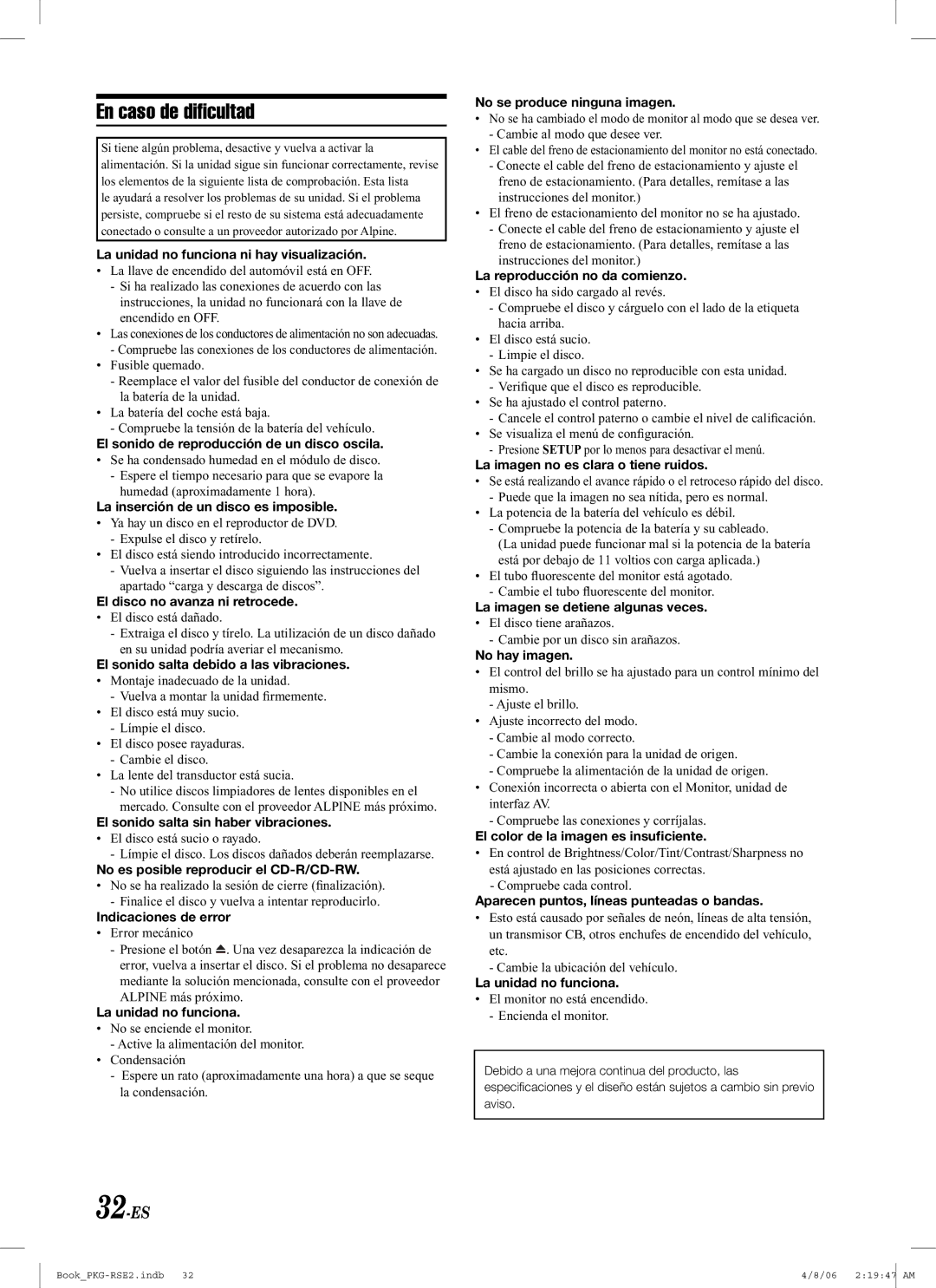 Alpine PKG-RSE2 owner manual En caso de diﬁcultad, 32-ES 