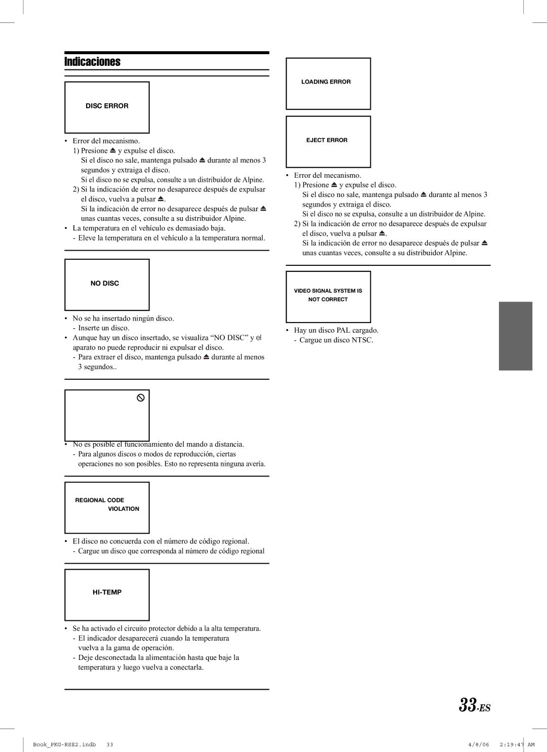 Alpine PKG-RSE2 owner manual Indicaciones, 33-ES 