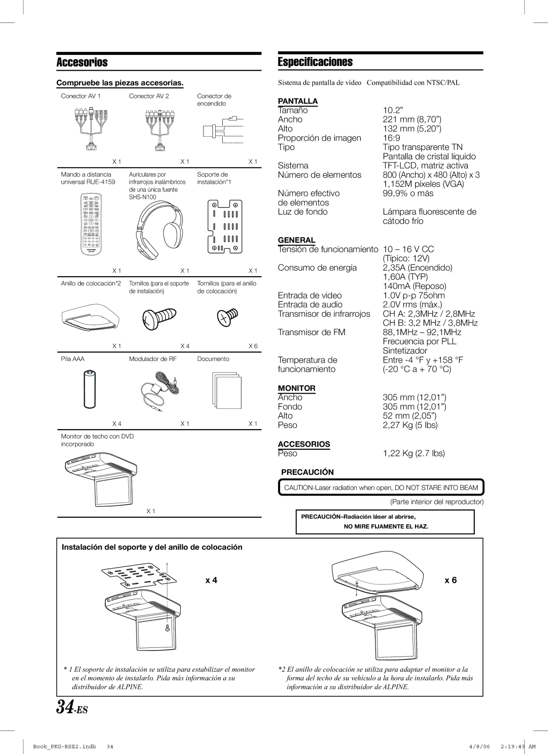 Alpine PKG-RSE2 owner manual Accesorios, Especiﬁcaciones, 34-ES, Pantalla 