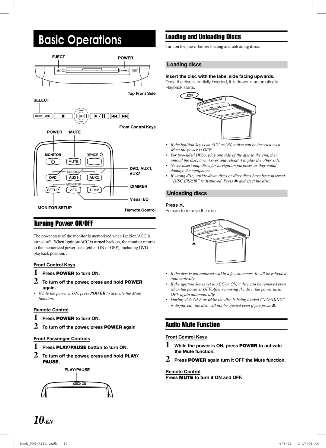 Alpine PKG-RSE2 owner manual Basic Operations, Loading and Unloading Discs, Turning Power ON/OFF, Audio Mute Function 